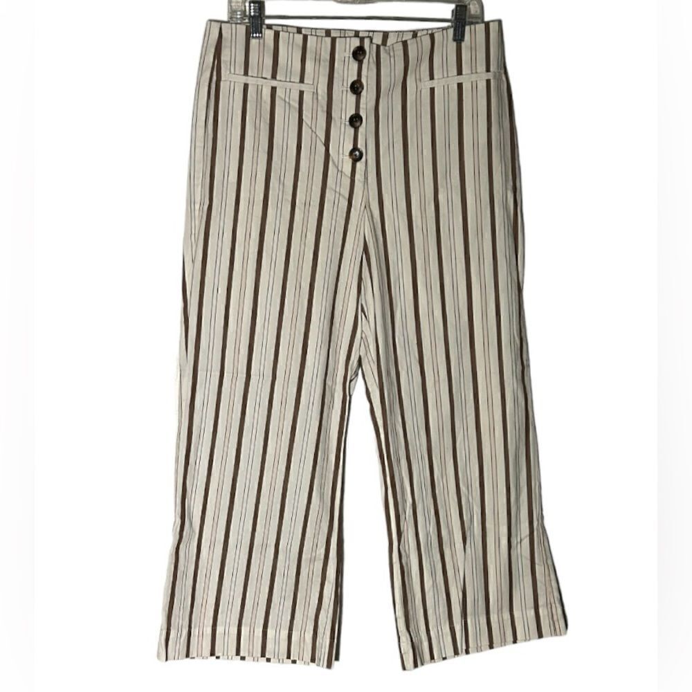 Ann Taylor Cream Striped Button Front Cropped Pants Size 10